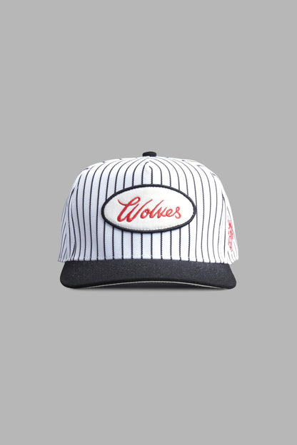 Wolves Cursive A Frame Snapback in White/Black Pinstripe