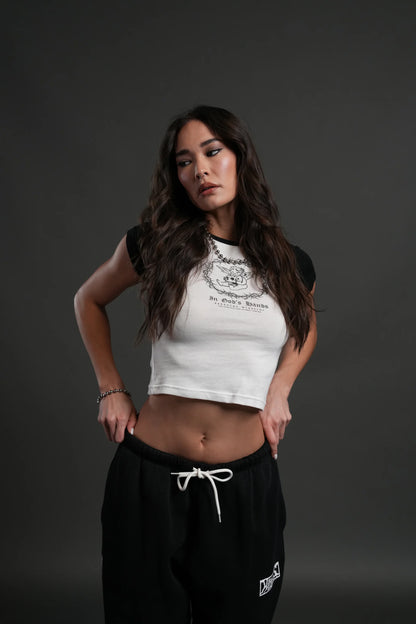 CHERUB'S OATH LINA RAGLAN "BABY" TEE IN WHITE/BLACK