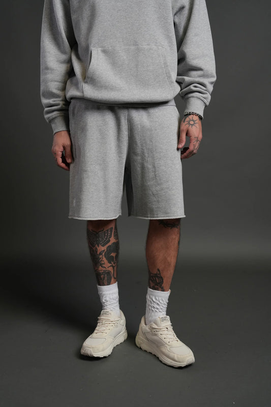 DUAL CORE RAW HEM OVERSIZED POST LOUNGE SWEAT SHORTS IN LIGHT ATHLETIC GRAY