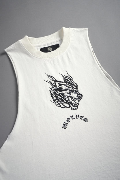 Okami Inferno Grunge Raw Hem Box Cut Tommy Muscle Tee in Cream