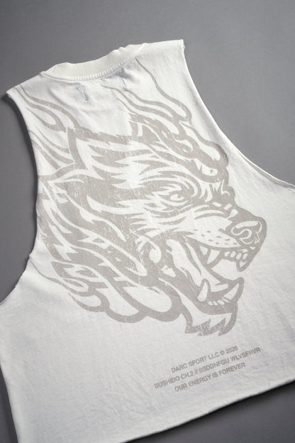 Okami Inferno Grunge Raw Hem Box Cut Tommy Muscle Tee in Cream