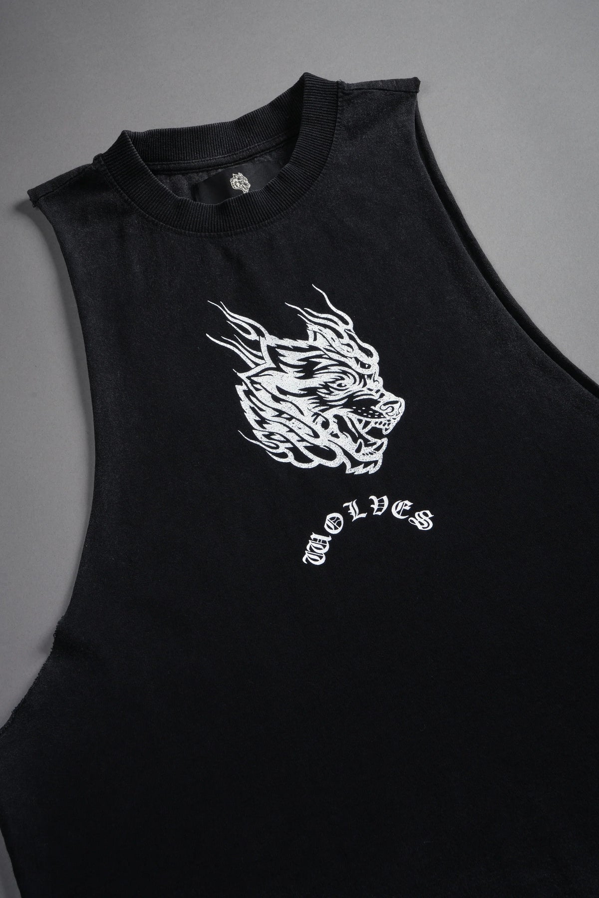 Okami Inferno Grunge Raw Hem Box Cut Tommy Muscle Tee in Black
