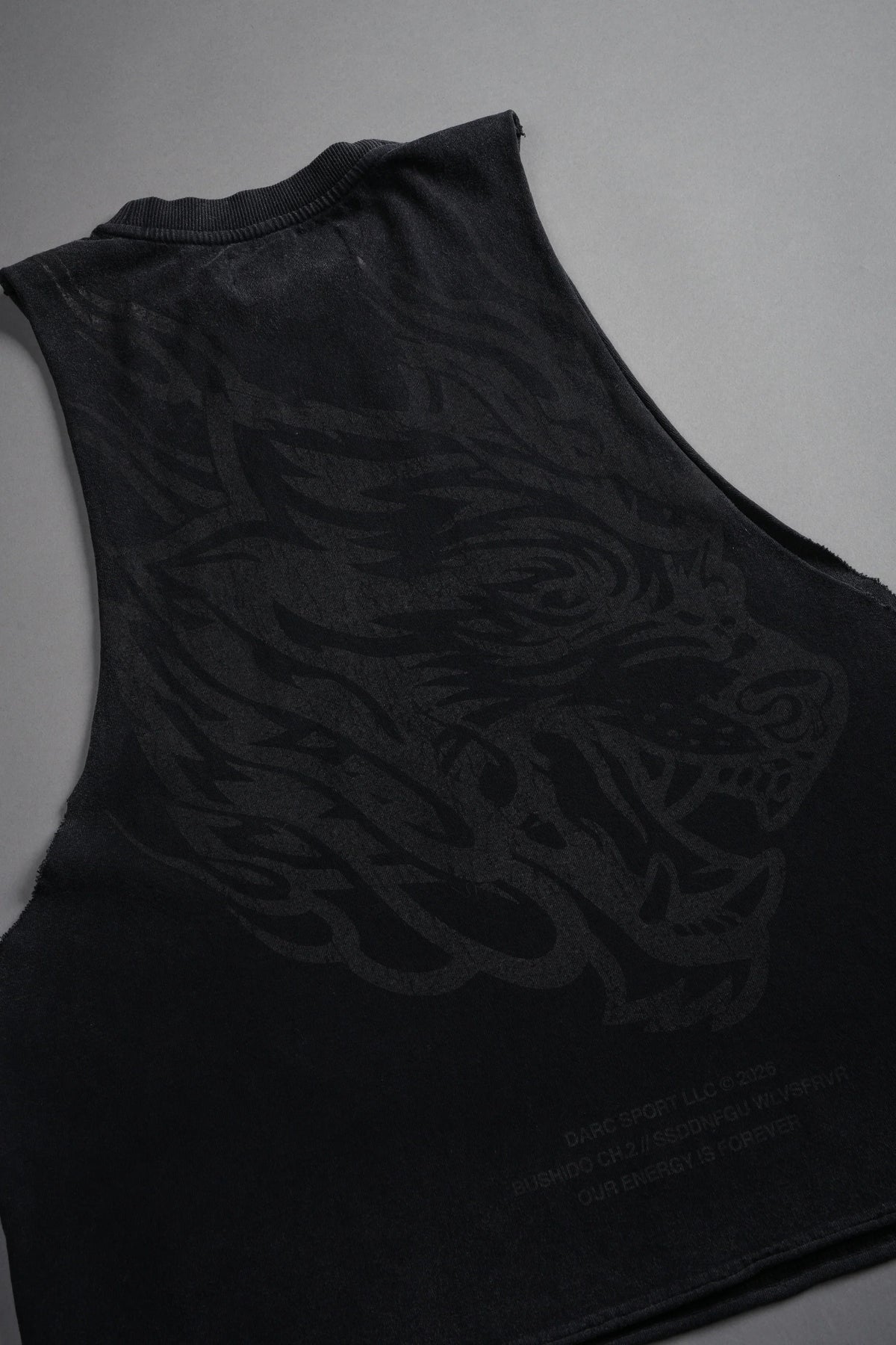 Okami Inferno Grunge Raw Hem Box Cut Tommy Muscle Tee in Black