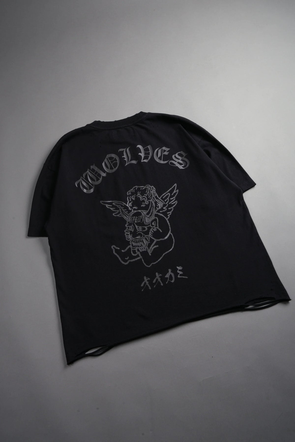 Wolves Oni Cherub Distressed Grunge Unisex Tee in Black