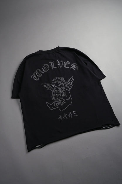 Wolves Oni Cherub Distressed Grunge Unisex Tee in Black