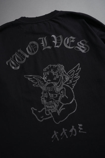 Wolves Oni Cherub Distressed Grunge Unisex Tee in Black