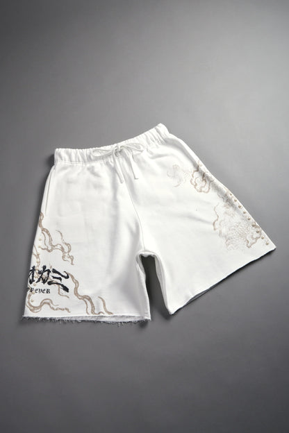 Kokuryu Grunge Oversized Raw Hem Post Lounge Sweat Shorts in Cream