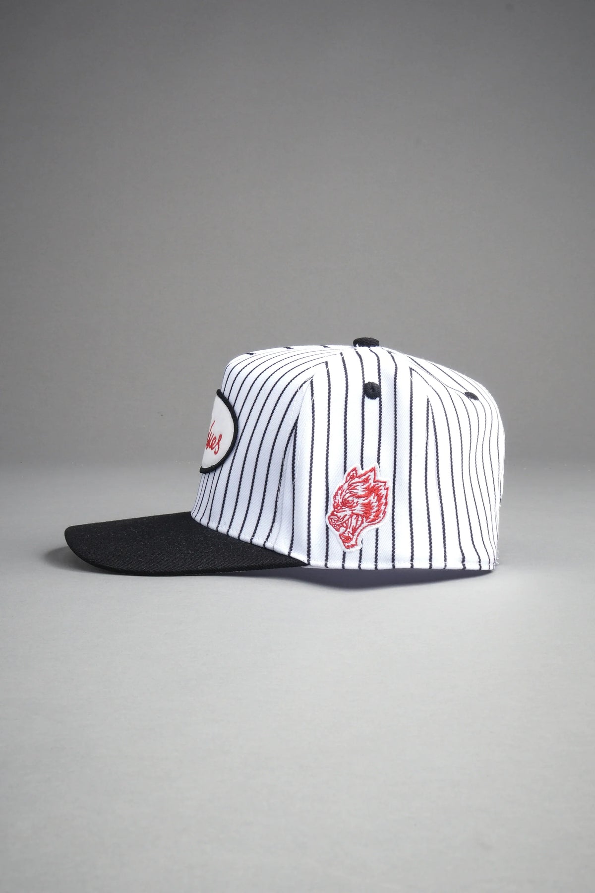 Wolves Cursive A Frame Snapback in White/Black Pinstripe