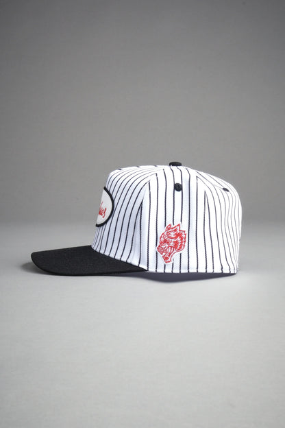 Wolves Cursive A Frame Snapback in White/Black Pinstripe