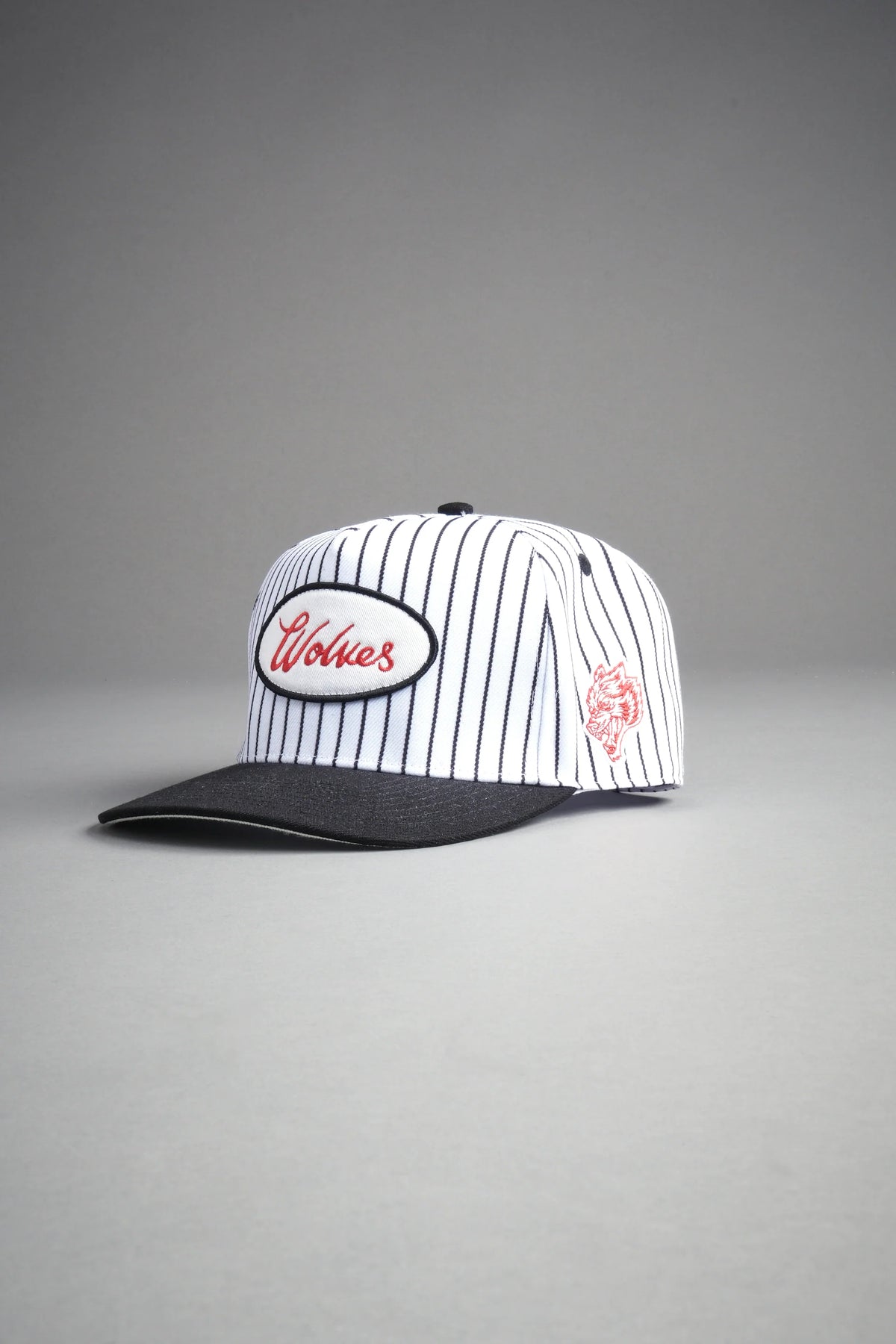 Wolves Cursive A Frame Snapback in White/Black Pinstripe