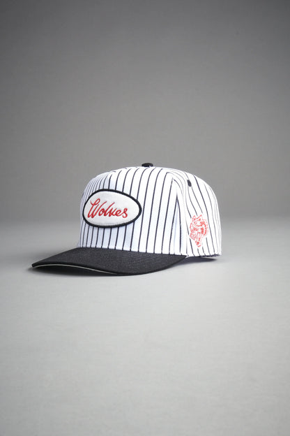 Wolves Cursive A Frame Snapback in White/Black Pinstripe