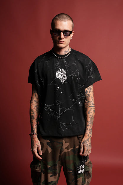 Web Chopper Distressed Grunge Mid Length Raw Hem Cap Sleeve Tee in Black Drift Wash