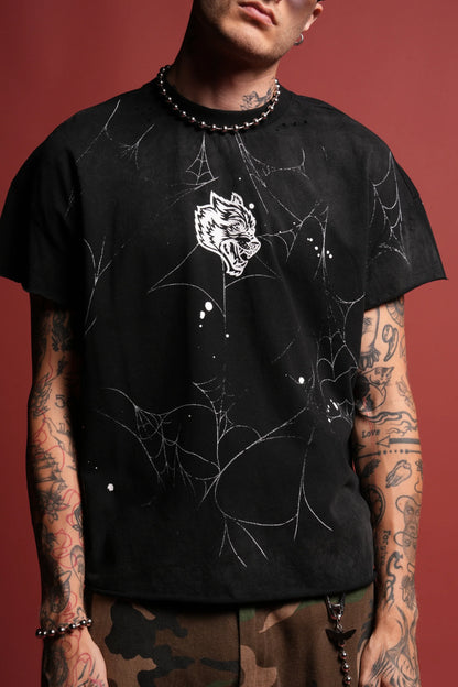 Web Chopper Distressed Grunge Mid Length Raw Hem Cap Sleeve Tee in Black Drift Wash