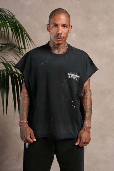 Hot Rod Grunge Cut-Off Mid Length Raw Hem Tee in Black Drift Wash