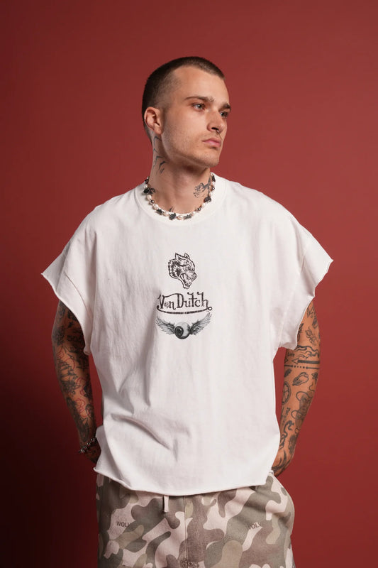 Take-Off Grunge Cut-Off Mid-Length Raw Hem Tee in Cream
