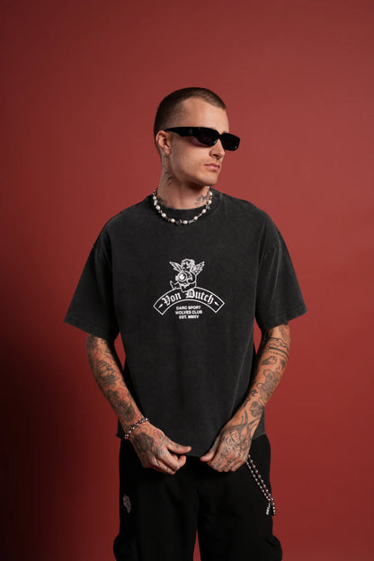 Darc Covenant Grunge Mid-Length Raw Hem Tee in Black