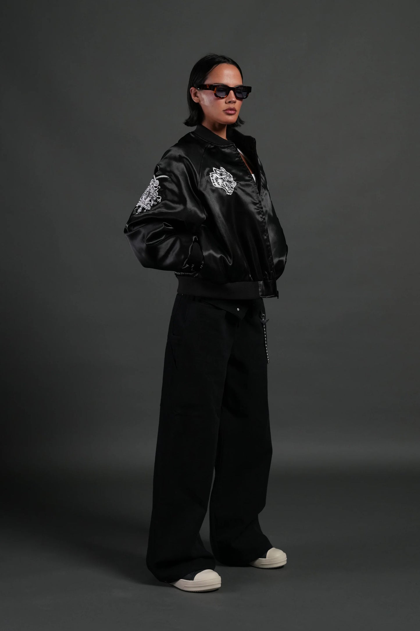 Last Love Unisex Cropped Satin Bomber Jacket in Black