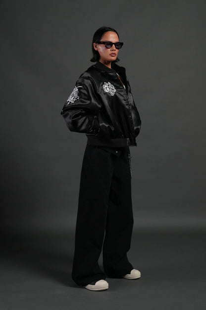 Last Love Unisex Cropped Satin Bomber Jacket in Black