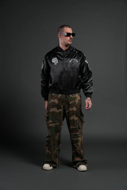 Last Love Unisex Cropped Satin Bomber Jacket in Black