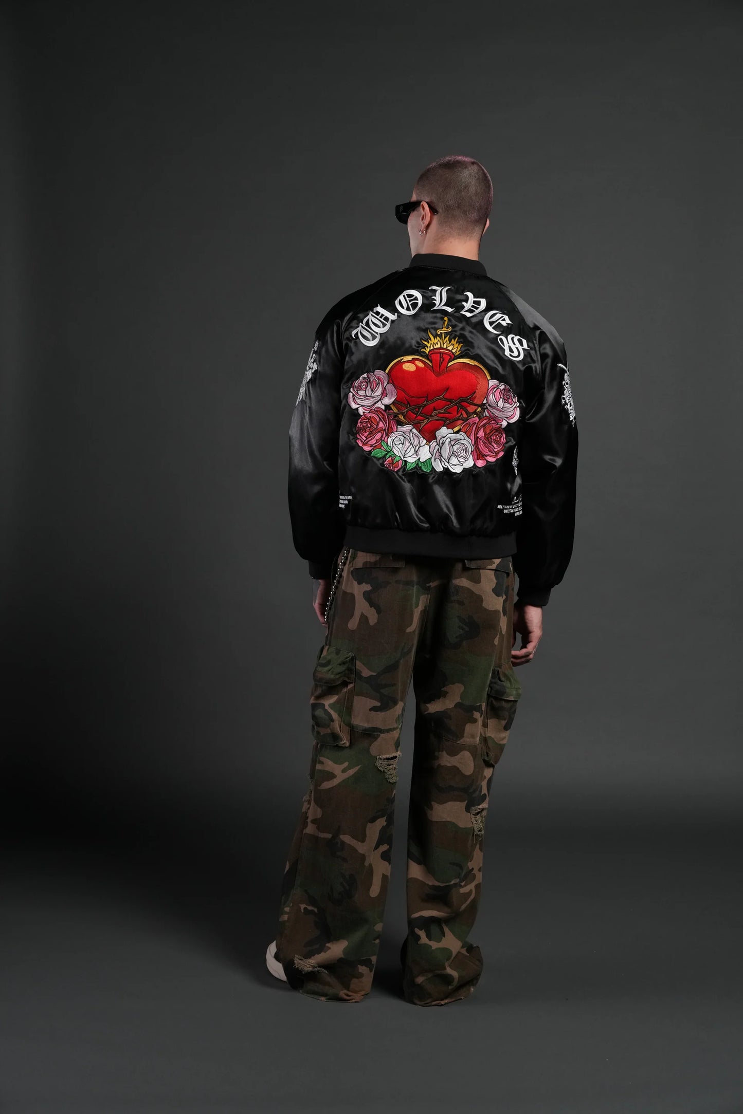 Last Love Unisex Cropped Satin Bomber Jacket in Black