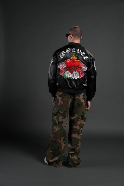 Last Love Unisex Cropped Satin Bomber Jacket in Black