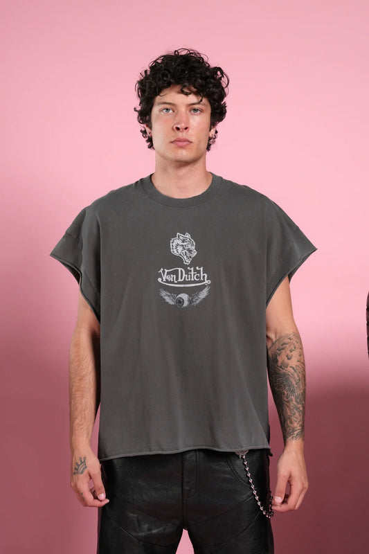 Take-Off Grunge Cut-Off Mid-Length Raw Hem Tee in Wolf Gray