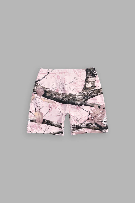 DUAL WOLF EVERSON SEAMLESS “TRAINING” SHORTS IN BABY PINK WOODLAND CAMO