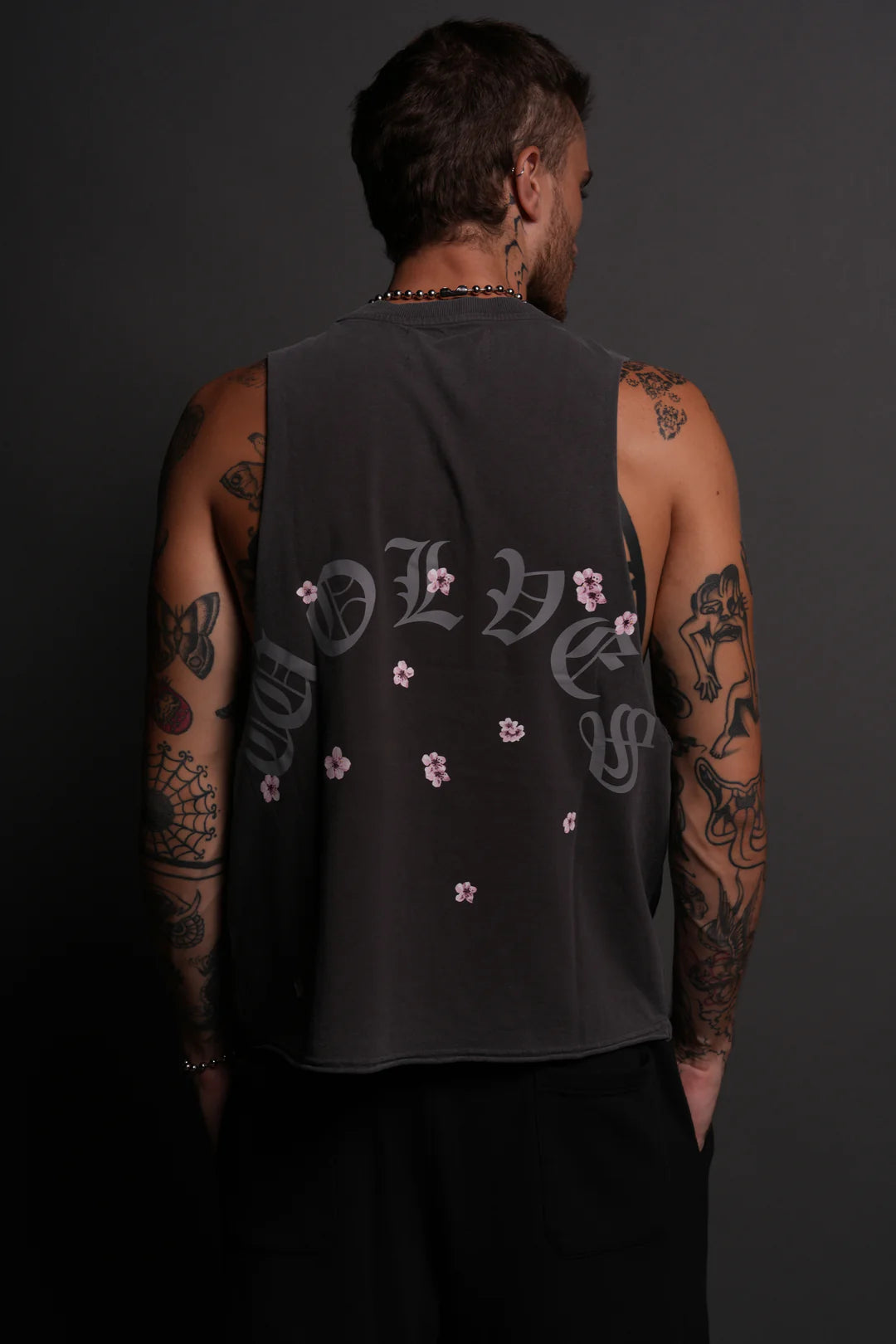 BLOOD THIRSTY KANJI GRUNGE RAW CROPPED "TOMMY" MUSCLE TEE IN WOLF GRAY