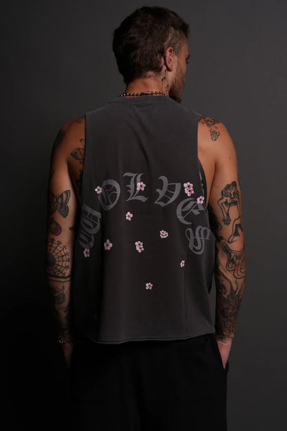 BLOOD THIRSTY KANJI GRUNGE RAW CROPPED "TOMMY" MUSCLE TEE IN WOLF GRAY