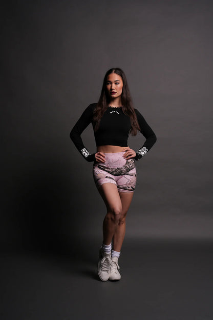 DUAL WOLF EVERSON SEAMLESS “TRAINING” SHORTS IN BABY PINK WOODLAND CAMO