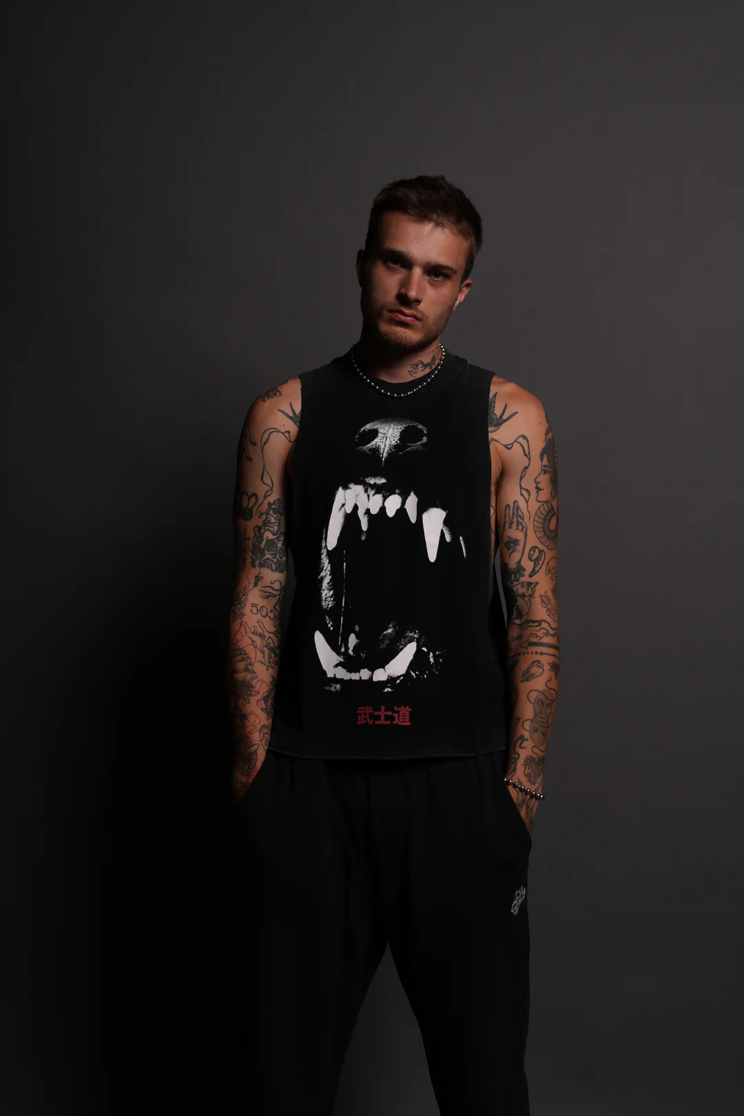 BLOOD THIRSTY KANJI GRUNGE RAW CROPPED "TOMMY" MUSCLE TEE IN BLACK