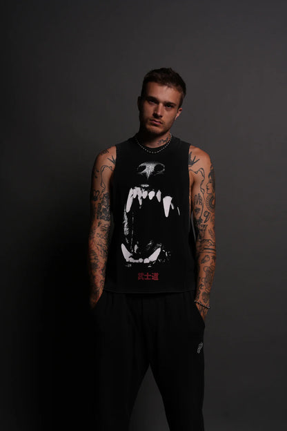 BLOOD THIRSTY KANJI GRUNGE RAW CROPPED "TOMMY" MUSCLE TEE IN BLACK