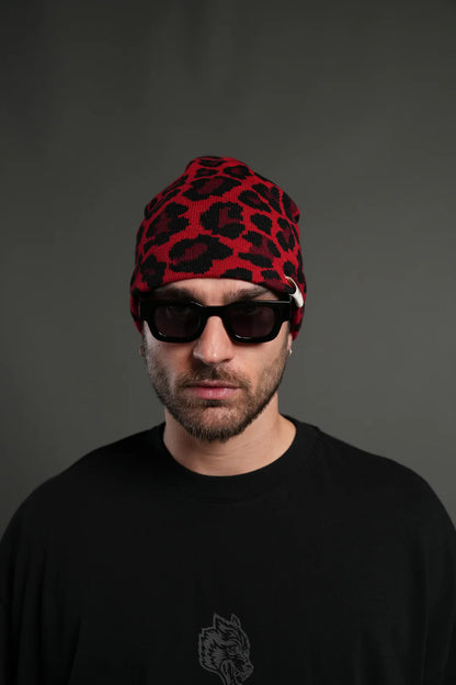 WOLF PATCH V2 CAP BEANIE IN RED LEOPARD