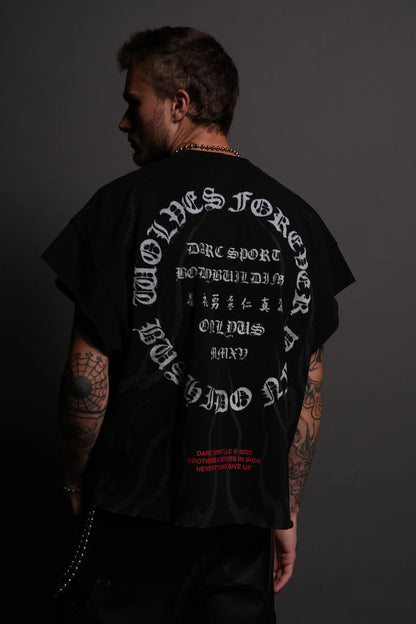 WARRIOR'S FIRE GRUNGE CUT-OFF TEE IN BLACK