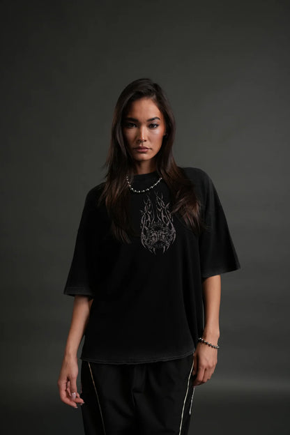 FINITE FLAME PREMIUM RAW HEM "BOX CUT" UNISEX TEE IN BLACK