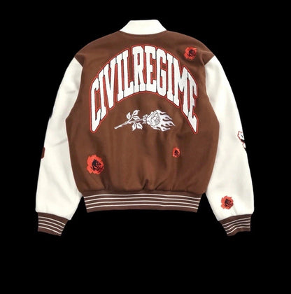 ROSE GARDEN LETTERMAN JACKET IN BUTTER REAPER BROWN