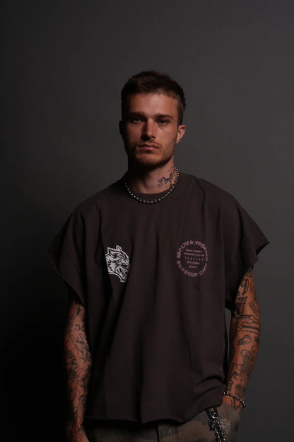 WARRIOR'S FIRE GRUNGE CUT-OFF TEE IN DARC BROWN