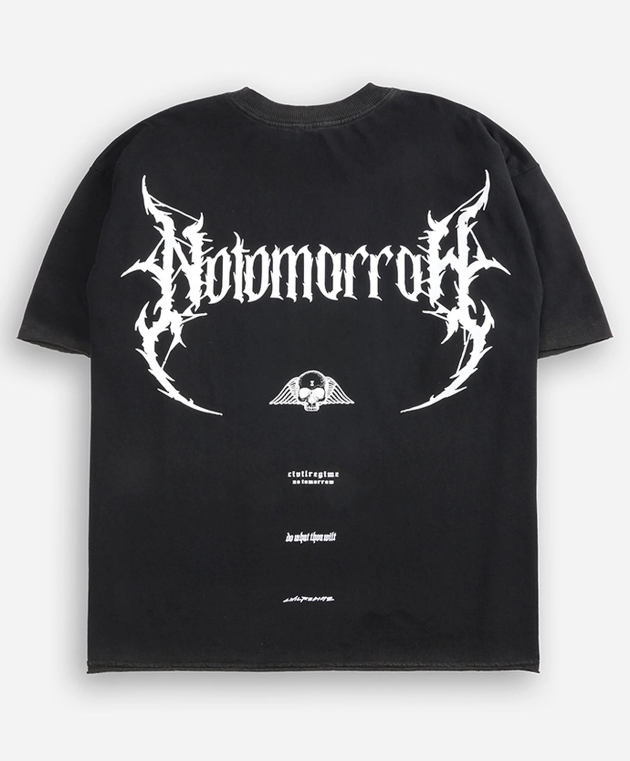 NO TOMORROW SPINAL CORE RAW HEM DUNGEON TEE IN VINTAGE BLACK