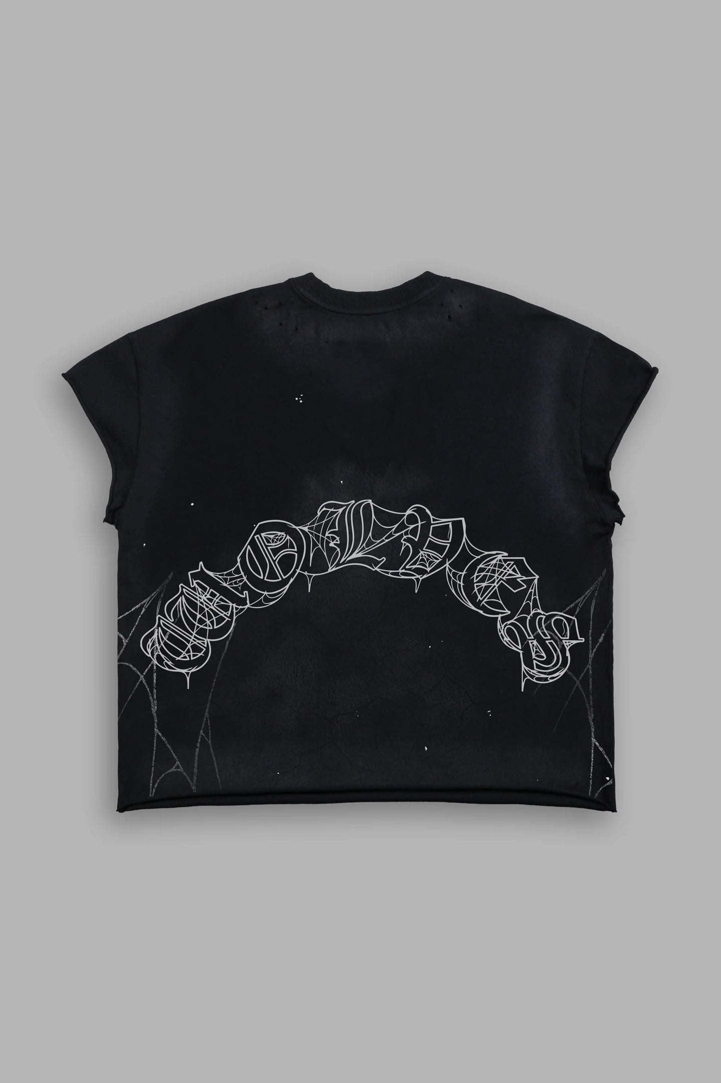 Web Chopper Distressed Grunge Mid Length Raw Hem Cap Sleeve Tee in Black Drift Wash