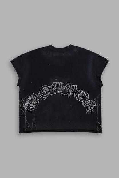 Web Chopper Distressed Grunge Mid Length Raw Hem Cap Sleeve Tee in Black Drift Wash