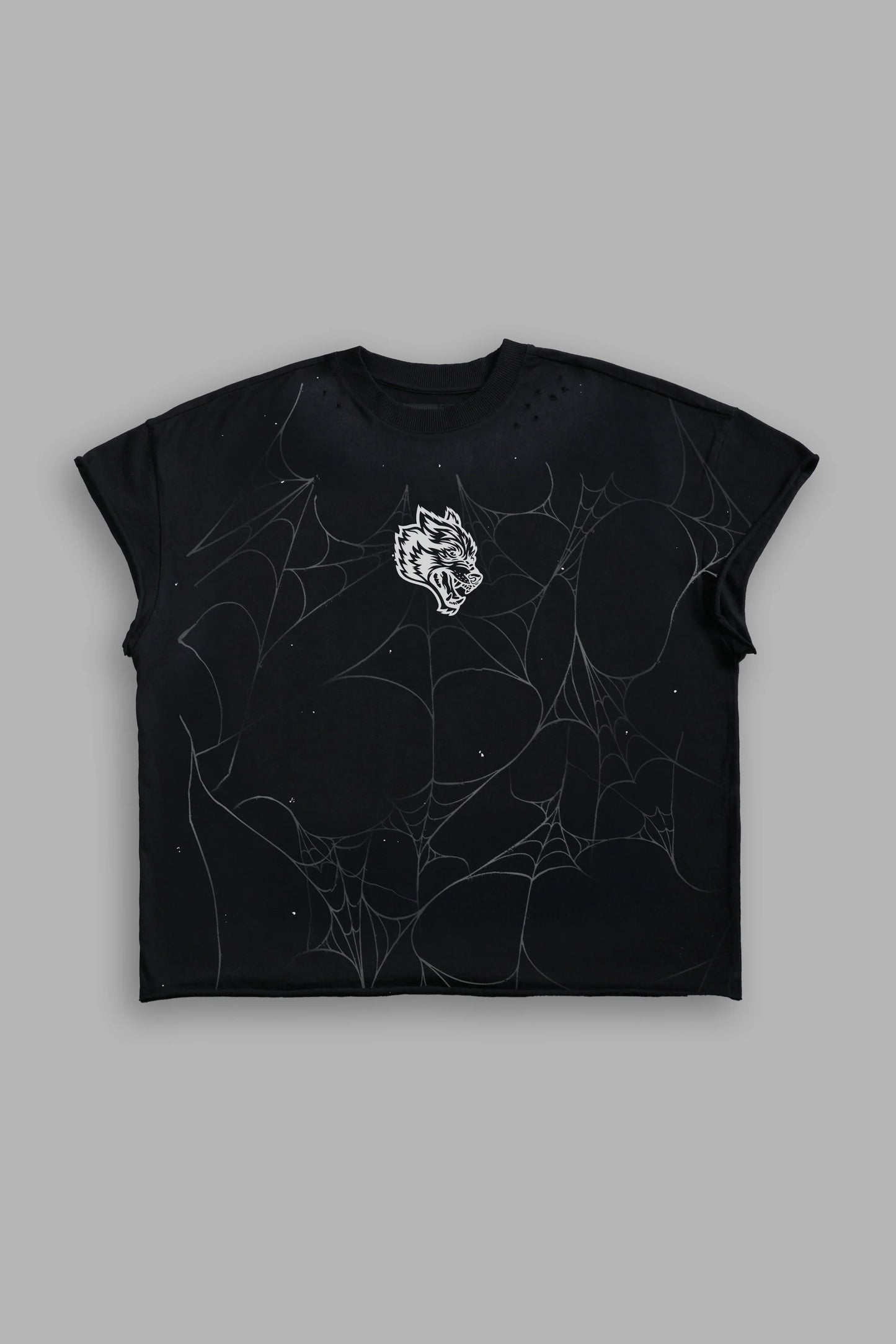 Web Chopper Distressed Grunge Mid Length Raw Hem Cap Sleeve Tee in Black Drift Wash