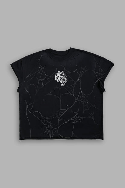 Web Chopper Distressed Grunge Mid Length Raw Hem Cap Sleeve Tee in Black Drift Wash