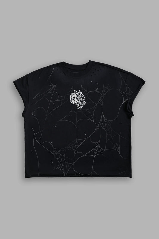 Web Chopper Distressed Grunge Mid Length Raw Hem Cap Sleeve Tee in Black Drift Wash